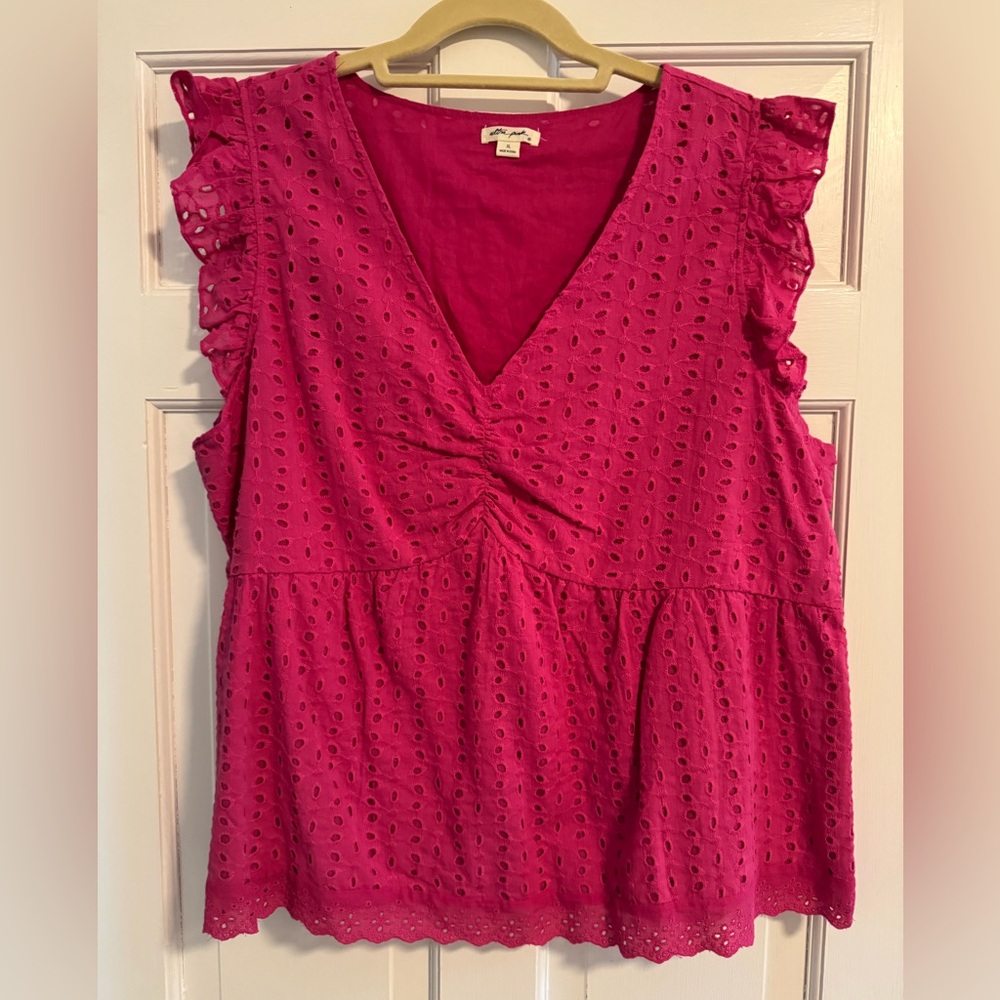 Ultra Pink Flutter Sleeve Blouse with Ruffled Tie Front